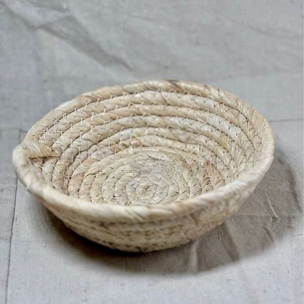 Coiled Woven Basket Natural Grasses 6" Tan Beige Small Handmade